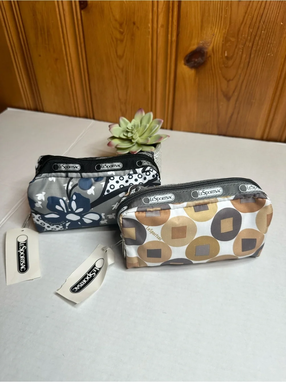 Lesportsac Dual-Pack Men's Toiletry Pouches in Gray Floral and Tan Geo